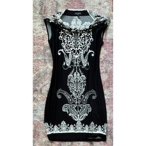 En Focus Studio Black White Paisley Knit Sheath Dress Sleeveless Cowl Neck 8